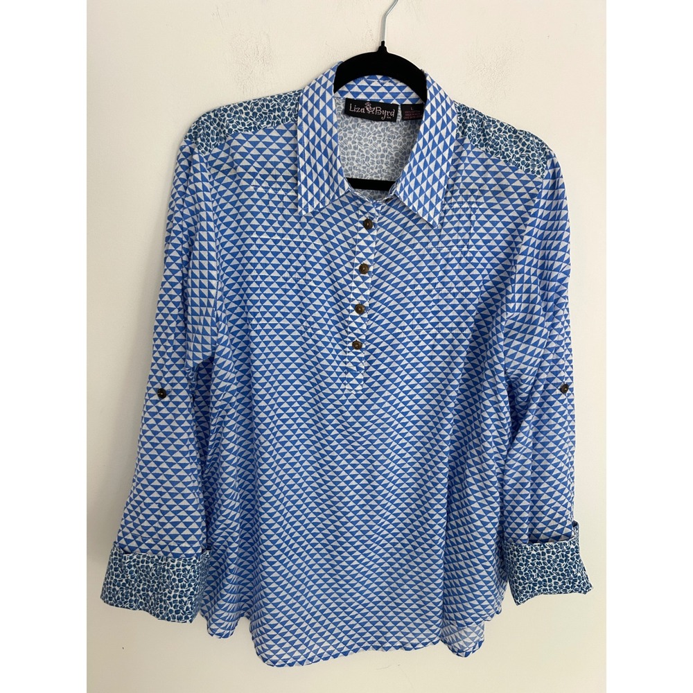 Liza Byrd Womens Blue White Geometric Triangle Print Roll Tab Cotton Tunic L
